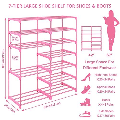 LNYZQUS 7-Tier Large Pink Shoe Rack, 24 -30 Pairs Tall Shoe Organizer Shelf, Kids Boots Stand Organizer For Garage Closet Entryway