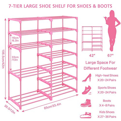 LNYZQUS 7-Tier Large Pink Shoe Rack, 24 -30 Pairs Tall Shoe Organizer Shelf, Kids Boots Stand Organizer For Garage Closet Entryway