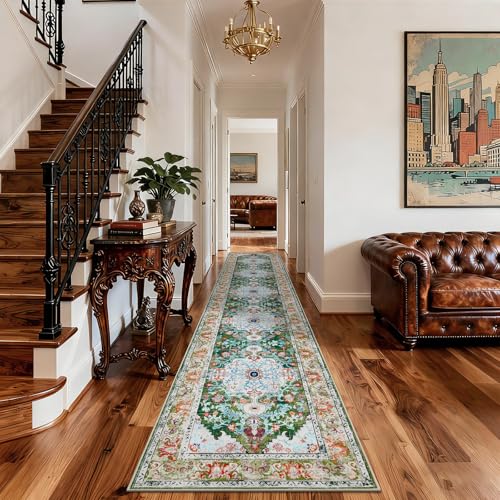 U'Artlines 3'x14' Boho Hallway Runner Rug Non Slip Washable Runners,Green | Vintage Farmhouse Kitchen Rug Accent Area Carpet for Entryway, Dining Room and Living Room - color: Green, size: 3' x 14' (Runner)