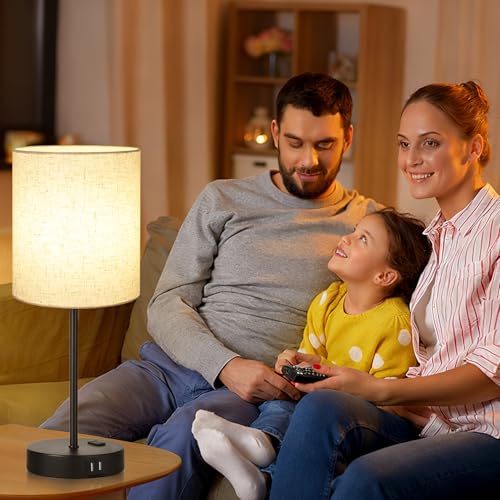 Lynnoland 2 Pack Touch Control Table Lamps with 2 USB & AC Outlet, 3-Way Dimmable Bedside Nightstand Lamps for Bedroom Living Room Nursery, 800 Lumens 3000K Warmlight Bulbs Included - color: (2 Pack)Beige Linen & Black(Base)-3000K Bulbs Included