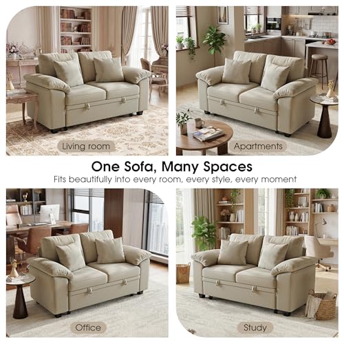 61” Pull Out Couch, 2 in 1 Sleeper Sofa Bed with Throw Pillow, Convertible Small Loveseat Sleeper Couch for Living Room, Bedroom, Apartment (Sand) - color: Sand, size: 2 Seat Sleeper