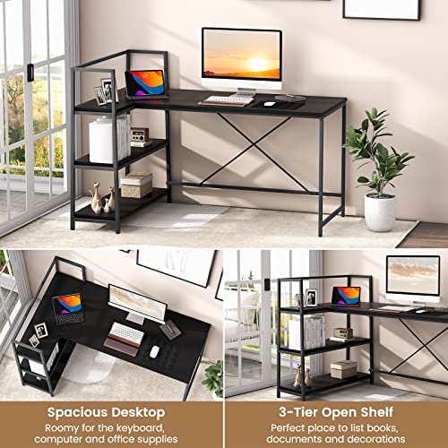 Tangkula Reversible L-Shaped Computer Desk, Space Saving Corner Desk with 3-Tier Storage Shelves & Metal Frame, Modern Executive Home Office Desk, PC Laptop Desk Workstation for Small Space (Black)