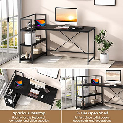 Tangkula Reversible L-Shaped Computer Desk, Space Saving Corner Desk with 3-Tier Storage Shelves & Metal Frame, Modern Executive Home Office Desk, PC Laptop Desk Workstation for Small Space (Black)
