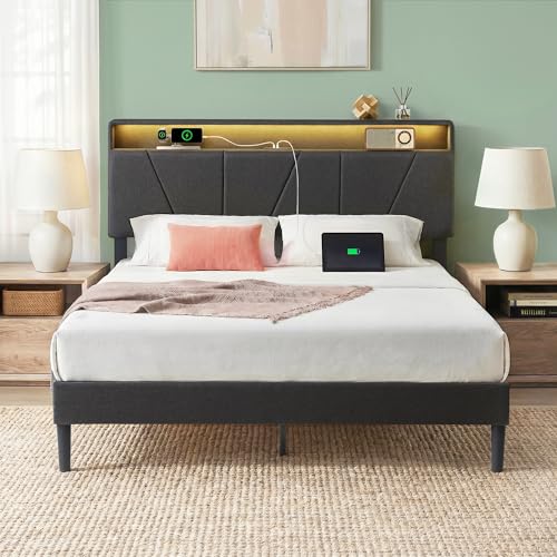 Zinus Maya Upholstered Platform Bed Frame, RGB LED Lights, Full | Space-Saving Two-Tier Headboard Storage, Built-in USB Charging Station, Soft Ambient Night Light, No Box Spring Needed - color: Grey, size: Full, style: LED + Headboard Storage