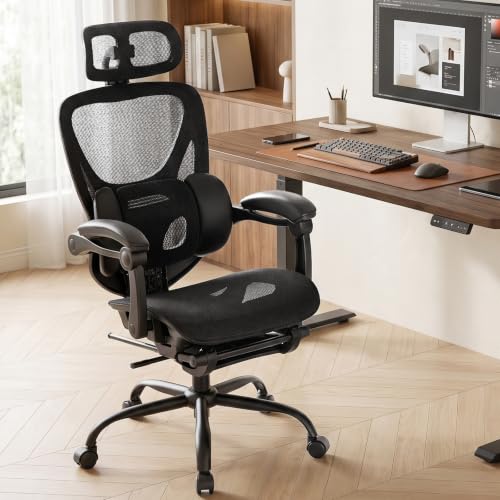 MALOL Ergonomic Mesh Office Chair with Footrest, Executive High Back Computer Desk Chair with 3D Adjustable Headrest & 5-Level Lumbar Support, Track Armrest, Tilt Lock, 300LBS, Black - color: Black