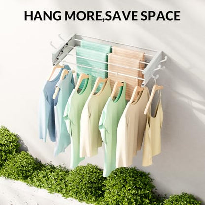 BAKON Wall Mounted Foldable Clothes Drying Rack - Indoor Outdoor Laundry Drying Rack with 4 Hooks & 4 Poles, Space Saving Concealed Design for Storage (23.6"【Upgrade】) - size: 23.6'' with 4 Hooks