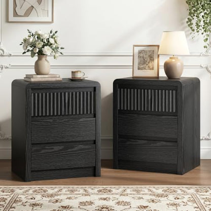 LYNSOM Fluted Nightstand Set of 2, Wood End Table with 3 Drawer, Black | Mid Century Modern Night Stand with Stoarge, Bedside Table with Curved Profile Design for Living Room, Office, 20" W - color: Black, size: 3 Drawers