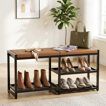 Shoe Rack Bench with Cushioned Seat,3-Tier Wrought Iron Shoe Rack | Shoe Bench for Entrance Hall,Shoe Storage, Multifunctional Storage Bench for Hall and Bedroom