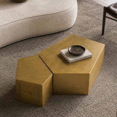 Geometric Nesting Coffee Table Set of 2 with Drawer, Gold | 33.15"&14.57", Modular Nesting Table, Drawer Storage, Faceted Polyhedral Artisan Center Table, No Need Assembled, Living Room - color: 33.15" & 14.57" Geometric Nesting Coffee Table