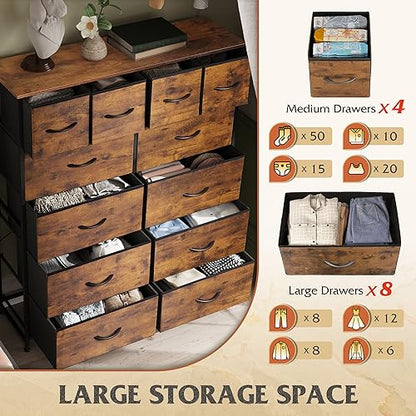 WLIVE 12 Drawer Tall Fabric Dresser Bedroom Storage Chest, Rustic Brown | 12-drawer tall fabric dresser with wood top and steel frame, P2 grade board, ideal for bedroom closet living room storage - color: Rustic Brown Wood Grain Print