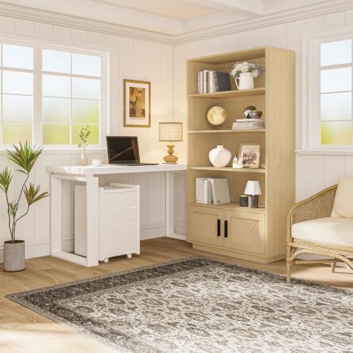 IDEALHOUSE 5-Tier Tall Wooden Bookcase with Rattan Doors, Large Bookshelf with Storage for Living Room, Bedroom, Home Office and Kitchen - color: Wood