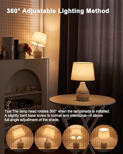 UMEXUS 13" Small Ceramic Cordless Table Lamp, Rechargeable Battery, Coastal | Timer, Dimmer, Linen Shade, Remote Control RGB & Warm Lights, Farmhouse Home Decor Kitchen Counter Living Room Side Table - size: Small-13"H-Rope accent design