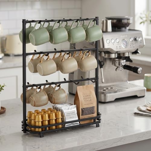Coffee Mug Holder for Countertop, 22 Hooks Metal Coffee Cup Holder Rack | 3 Tier Mug Tree Holder Rack, Mug Tree Stand with Storage Base for K Cup Coffee Pod Paper Cups Tea Bag, Black - color: 3-Tier