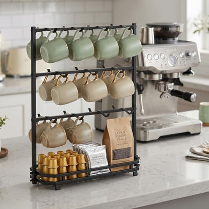 Coffee Mug Holder for Countertop, 22 Hooks Metal Coffee Cup Holder Rack | 3 Tier Mug Tree Holder Rack, Mug Tree Stand with Storage Base for K Cup Coffee Pod Paper Cups Tea Bag, Black - color: 3-Tier