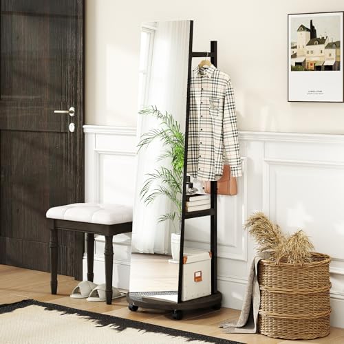 Tangkula 55" Full Length Mirror with Coat Rack, Standing Coat Tree | 2-Tier Shelves, Hanging Rods & Hooks, Explosion-Proof HD Mirror, 4-Wheel Swivel Design, For Entryway, Living Room, Bedroom - color: Black & Walnut