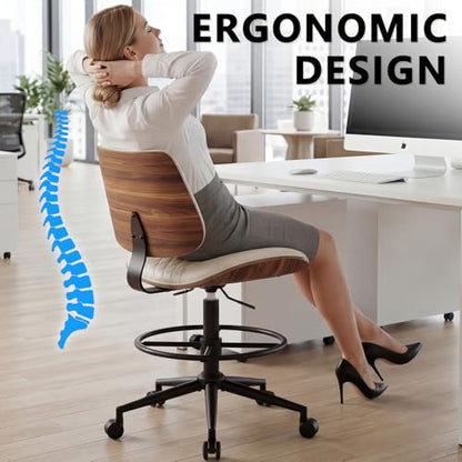 Drafting Chair with Adjustable Footrest, Rolling Walnut Stool, Beige | Armless Tall Swivel Stool for Standing Desk, PU Leather Curved Bentwood, Rolling for Office & Art Studio, 300LBS Capacity - color: Beige