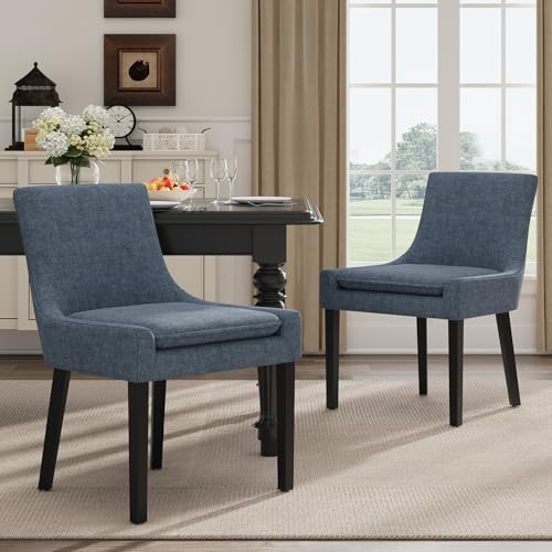 COLAMY Modern Dining Room Chairs Set of 2 with Mid Back and Wood Legs, Upholstered Kitchen Chairs for Dining Room/Living Room, Blue - color: Blue, size: Set of 2