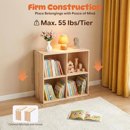 4 Cube Storage Organizer, Solid Wood Bookshelf with Back Panel, Floor Standing Open Bookcase, Vertical or Horizontal Shelf Unit for Living Room Office (23.6" L x 11.8" W x 23.6" H) - size: 4-Cube