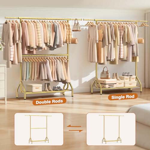 Double Rod Clothing Rack Load 622 LBS, Heavy Duty Clothes Rack for Hanging Clothes, 82.68 inch High Garment Rack with Sotrage Shelves, Metal Clothing Hanger Closet Wardrobe Organizer (Gold) - color: Gold