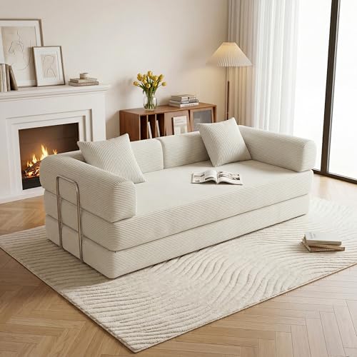 79" Boneless Couch,4-in-1 Futon Sofa Bed Modular Loveseat Sleeper Folding Compressed Couch with Pillows,No Assembly Required Convertible Sofa Bed for Living Room Bedroom Guest Room,Beige - color: Beige, size: 79” Sofa