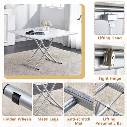 Adjustable Height Coffee Table, Folding Dining Table, White&Sliver | Convertible lift top table for use as a coffee table, dining table, home office desk or vanity - color: White & Sliver Legs