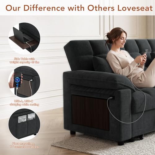Vipbear Sleeper Sofa Bed, 70" Pull Out Futon Couch with Small Table| USB Port | Side Pockets | Tool-Free Assembly | Adjustable Backrest for Apartment, Office, Guest Room, Chenille Black - color: Black