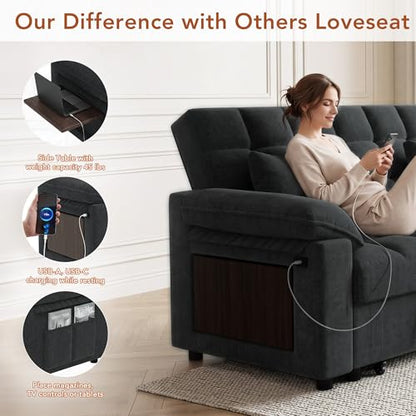 Vipbear Sleeper Sofa Bed, 70" Pull Out Futon Couch with Small Table| USB Port | Side Pockets | Tool-Free Assembly | Adjustable Backrest for Apartment, Office, Guest Room, Chenille Black - color: Black