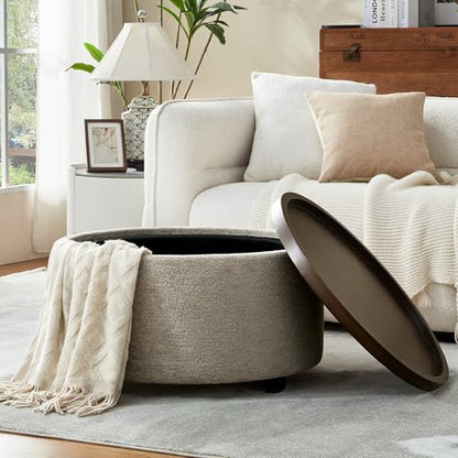 Zihanhome 30 Inch Round Storage Ottoman, Ottoman Coffee Table with Lift Off Lid, Boucle Modern Ottomans with Storage for Living Room, Bedroom, Apartments (Light Brown Striped) - color: Light Brown Striped