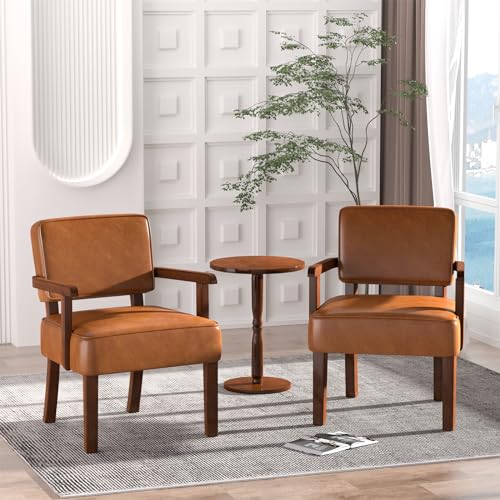 Accent Chairs Set of 2, 2 Solid Wood Armchairs with Side Table | Faux Leather Chair with Soft Thicken Cushion, Comfy Reading Chair for Bedroom, Waiting Room, Home Office, Easy Assembly - color: Faux Leather Brown, size: Set of 2 with table