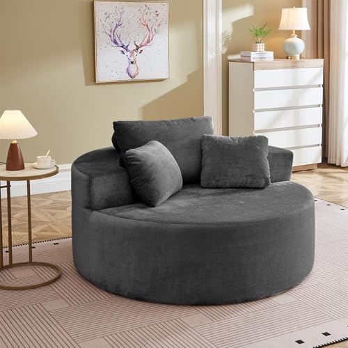 55" Oversized Round Chaise Longue Chair Indoor, Upholstered Terry Circle Single Cloud Reading Sofa Chair Deep Seat Modern Boneless Sleeper Couch No Assembly Required, Grey - color: Grey, style: 55"Terry