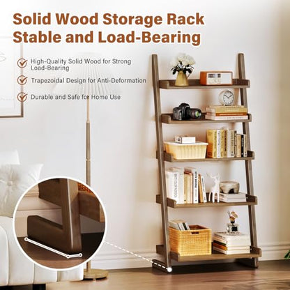 CozyDH Wooden Ladder Shelf, Walnut Bookshelf 5-Tier for Saving Space,Ladder Bookshelf Storage for Living Room, Bedroom, Home Office,23.6''Dx15.7''Wx55.1''H - color: Walnut