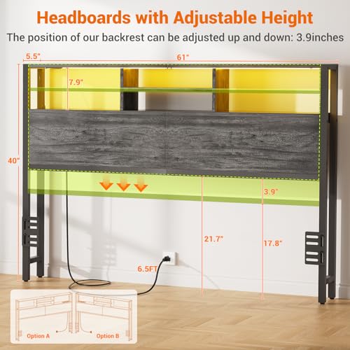 Aheaplus Headboard for Queen Size Bed with Storage, Headboards with Outlets, USB Ports and LED Light, Queen Size Head Board Only, Height Adjustable, Reversible, Sturdy and Stable Headboard, Black Oak - color: Black Oak, size: Queen, style: Wood