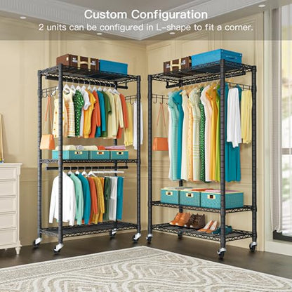 P1 Heavy Duty Garment Rack, Rolling Closet Organizer with Wheels | 3-Tier Freestanding Metal Clothes Clothing Wardrobe System with Double Hanger Rods and Hooks, Max Load 450lbs, Black - color: Black, size: P1