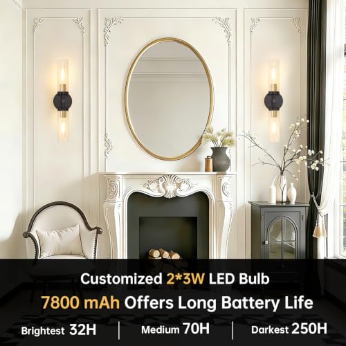 Shenmoyl Set of 2 Wall Sconces, 7800 mAh Battery Operated Wall Sconce with 3 Colors & Remote Control, Black Gold Rechargeable Wall Lamp with Clear Glass Shade for Bedroom, Bathroom, Stairwell, Hallway - color: Double-head Black&Gold - Clear Glass