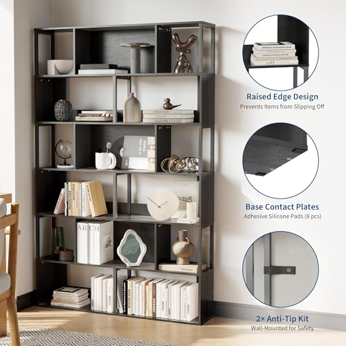 IDEALHOUSE 6-Tier Bookshelf, Tall Geometric Bookcase, Modern Room Divider & Display Shelf with Anti-Tipping Devices, Mid Century Bookshelf for Living Room - color: Black