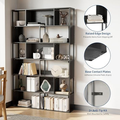 IDEALHOUSE 6-Tier Bookshelf, Tall Geometric Bookcase, Modern Room Divider & Display Shelf with Anti-Tipping Devices, Mid Century Bookshelf for Living Room - color: Black
