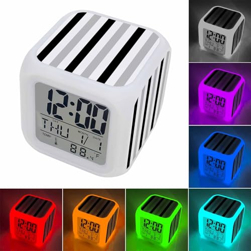 Digital Alarm Clocks for Bedroom,Abstract Stripes Geometric Cube Alarm Clock with Snooze and Nightlight Gray Black White Lines Silent Office Desk Clock Time/Date/Temperature Display - color: Black