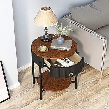OIOG Wood Grain Side Table with Drawer, 2 Tier End Table, Black and Brown | Round Nightstand, Modern Side table, End Table with Storage, MDF Tabletop ang Shelf, For Living Room, Bedroom, Office, Dorm - color: Black