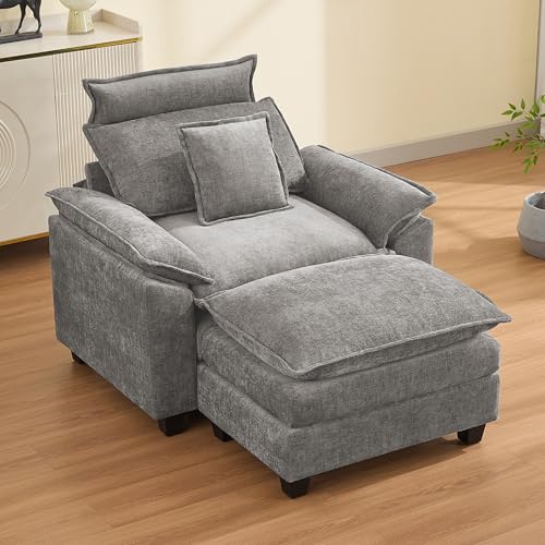 46''Cloud Oversized Sofa Chair with Detachable Headrest, Upholstered Comfy Arm Accent Chair with Ottoman,Modern Chenille Reading Lounge Armchair for Living Room,Bedroom, Light Grey - color: Light Grey, size: Oversized Chair with Ottoman