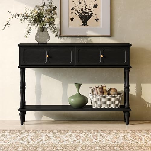 ARTPOWER 47" Mid-Century Console Table, 2 Drawers and Open Shelf, Black | Entryway Table with Storage, Narrow Behind Couch Table for Living Room, Foyer, Hallway - color: Black
