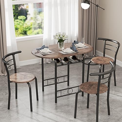 JUMMICO 3-Piece Wooden Round Table & Chair Set | Kitchen Breakfast Nook Wood Grain Tabletop with Metal Frame and Built-in Wine Rack for Kitchen, Dining Room (Brown/Black) - color: Brown/Black