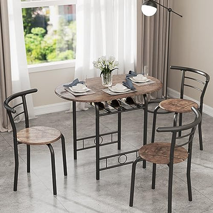 JUMMICO 3-Piece Wooden Round Table & Chair Set | Kitchen Breakfast Nook Wood Grain Tabletop with Metal Frame and Built-in Wine Rack for Kitchen, Dining Room (Brown/Black) - color: Brown/Black