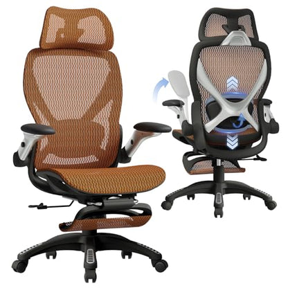 X100 Ergonomic Mesh Office Chair with Footrest, Big and Tall Home Desk Chair with 5D Flip-Up Arms, Adjustable 3D Lumbar Support, Gaming & Executive Computer Chair (Tangerine Burst) - color: Tangerine Burst