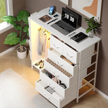 6 Drawer Dresser for Bedroom with Clothes Rack, Clothes Dresser with Side Pockets and Hooks, Charging Station & LED Lights, Wooden Top, Fabric Storage (White) - color: White