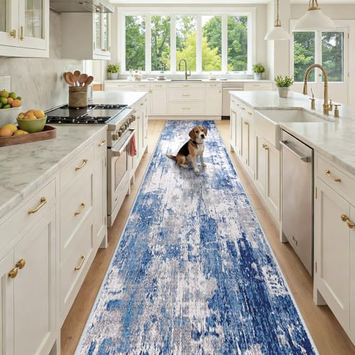 RELEANY Washable Runner 3'x12' Abstract Area Rug for Hallway Blue Gray | carpet for kitchen, entryway, bathroom, living room, bedroom, printed pattern, non-slip, soft, stain-resistant, easy to clean - color: Blue/Gray, size: 3' x 12' (Runner)