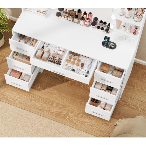 Quimoo Large Vanity Desk with LED Lighted Mirror & Power Outlet,Makeup Vanity Table with 7 Drawers,4 Shelves and 5 Hooks,Vanity Table, Vanity Desk Set for Bedroom,Bathroom,White - color: White 7 Drawers