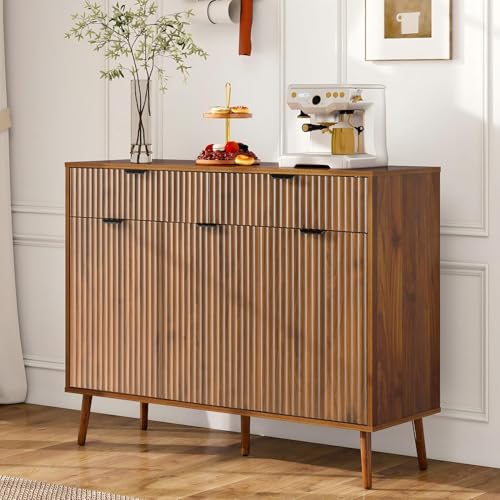 LYNCOHOME Fluted Sideboard Buffet Cabinet with Storage,2 Drawers and 3 Doors,Wood Coffee Bar Cabinet with Solid Wood Feet for Kitchen,Hallway - size: 15.8"D x 43.3"W x 34.7"H
