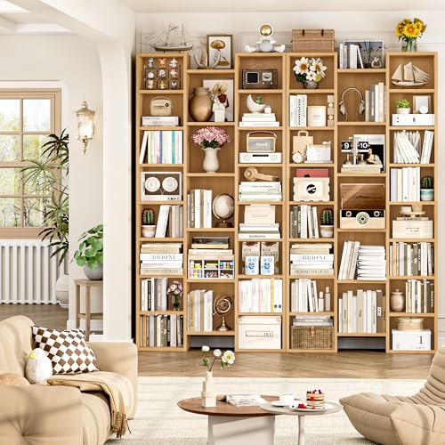 FOTOSOK 71'' H Bookshelf with 21 Cubes, Triple Wide Tall Bookshelf Natural | 8 Tier Bookcase with 8 Adjustable Shelves, Large Bookshelf DVD/CD Media Tower Storage, Freestanding Display Shelf Cabinet - color: Natural