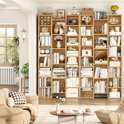 FOTOSOK 71'' H Bookshelf with 21 Cubes, Triple Wide Tall Bookshelf Natural | 8 Tier Bookcase with 8 Adjustable Shelves, Large Bookshelf DVD/CD Media Tower Storage, Freestanding Display Shelf Cabinet - color: Natural