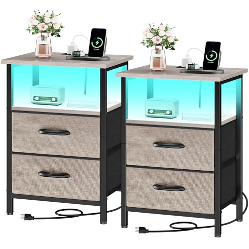 Night Stand Set 2, LED Nightstand with Charging Station, Bedside Table with USB Ports & Outlets, 24.2" Tall End Table with open Shelf, Bed Side Table with 2 Fabric Drawers for Bedroom, Greige - color: Greige, size: 2 Pieces, style: With LEDs